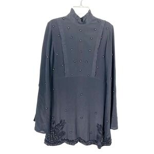 Rococo Sand Womens Blouse Ruffle Beaded Rhinestone Long Sleeve Black Size XS